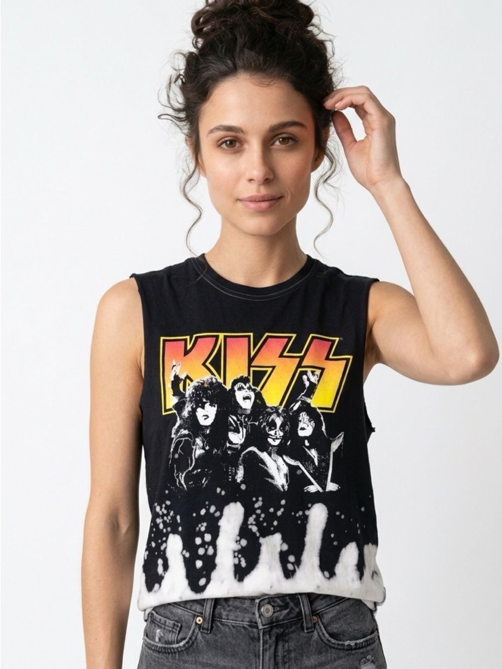 KISS | Sleeveless Graphic Band Tee Tank Top Bleached Detail Size Small